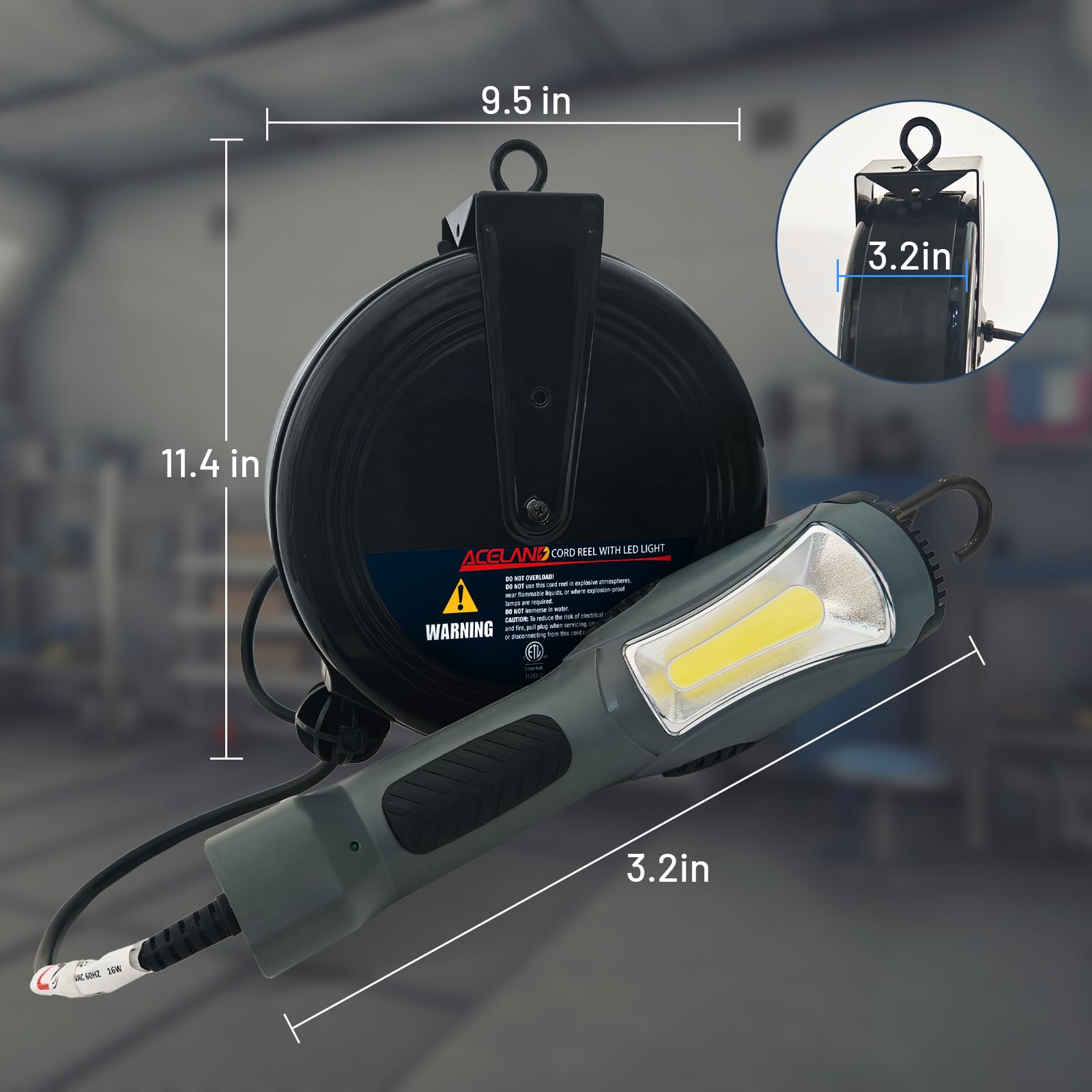 Tragbare LED-Arbeitsleuchte mit 9,2 m einziehbarer Kabelrolle, 1600 Lumen, 116 AWG 3C SJTW Kabel, Handheld-Arbeitsleuchte, UV- und wetterbeständig, magnetische Halterung
