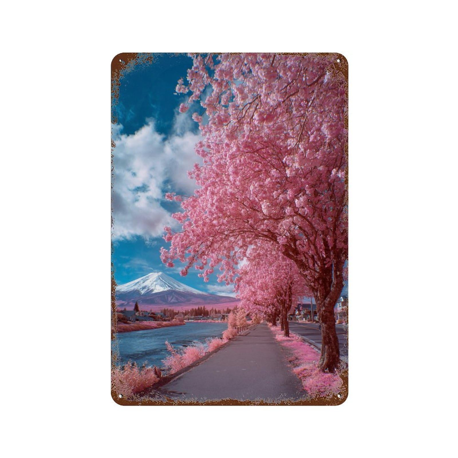 Cherry Blossom Pathway Scene Decorative Tin Sign 11.8"x7.9", Classic Wall Plaque for Garage, Pub Or Kitchen