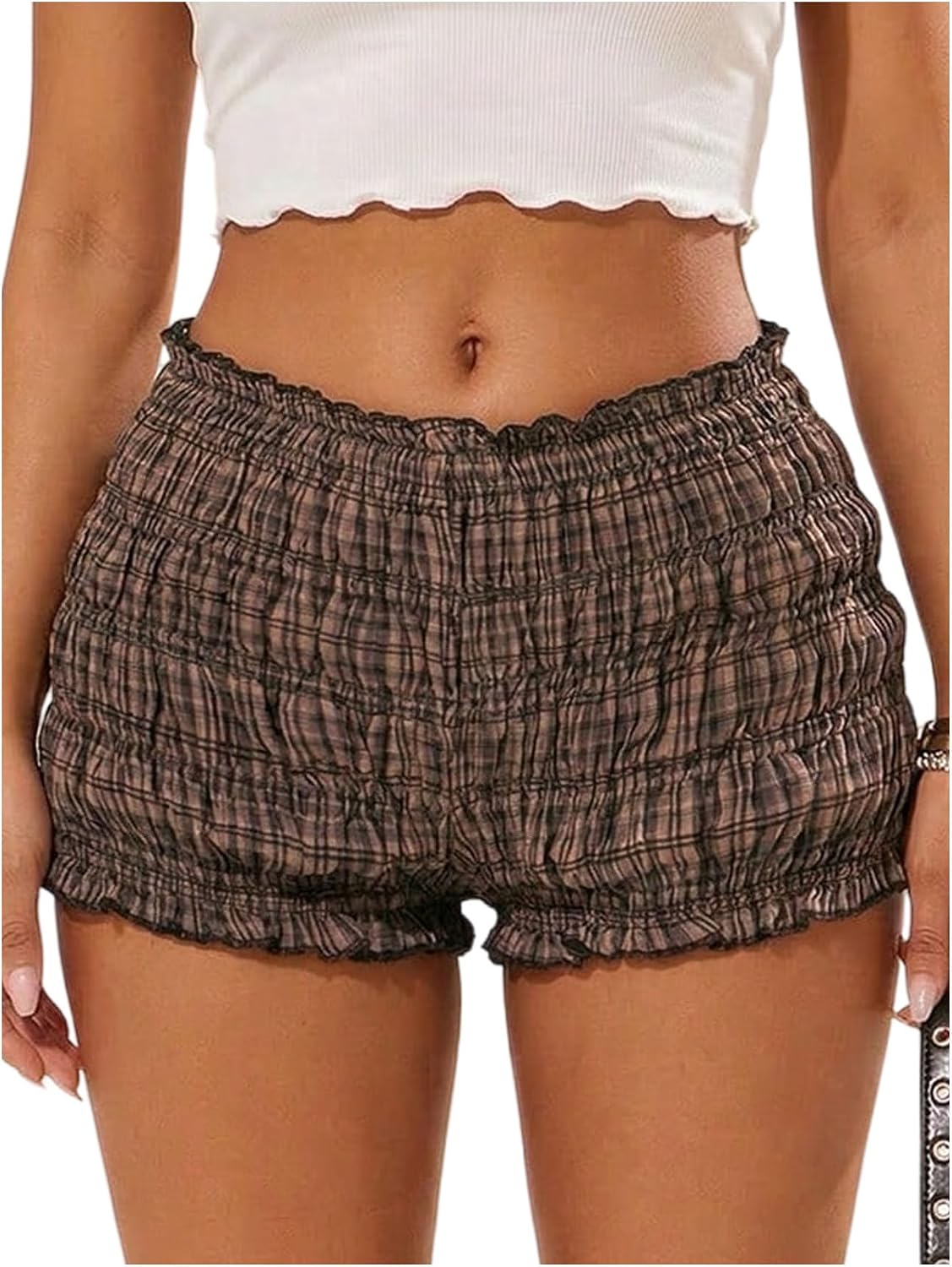 SOLY HUX Women's Plaid Ruffle Mini Shorts Low Rise Bloomer Micro Boyshorts