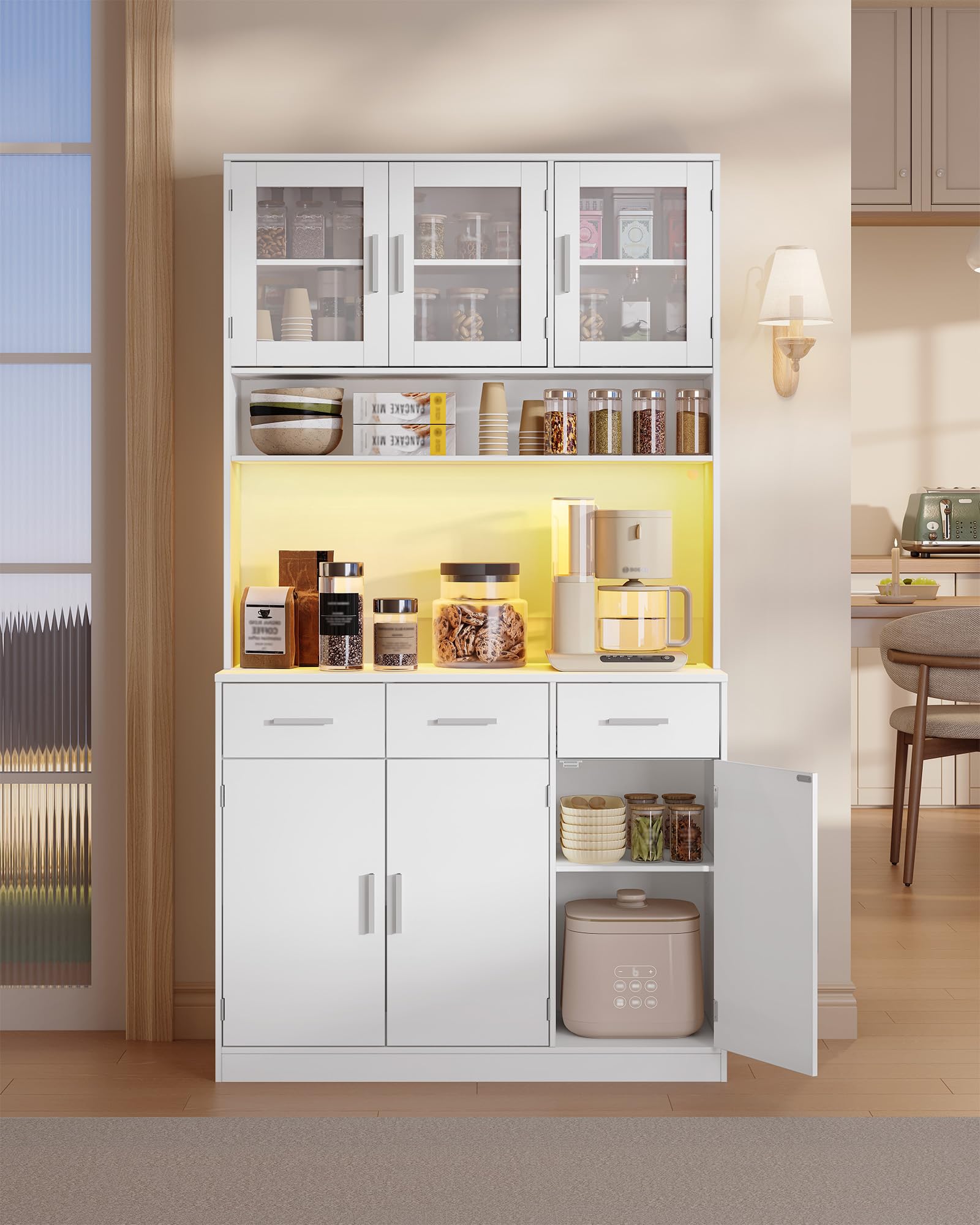 Hzuaneri Buffetschrank, Küchenschrank mit 3 Schubladen, Hochschrank | mit Steckdosenleiste und LED, 3 Schranktüren mit Glasfront, Küche, Wohnzimmer, 40 x 100 x 190 cm, Weiß, PT10103XEU