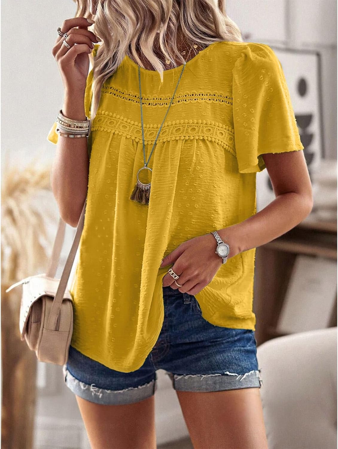 YNIQUE Womens Summer Tops Crewneck Short Sleeve T Shirts Casual Chiffon Blouses Flowy Lace Hem Trendy 2025 - Image 3