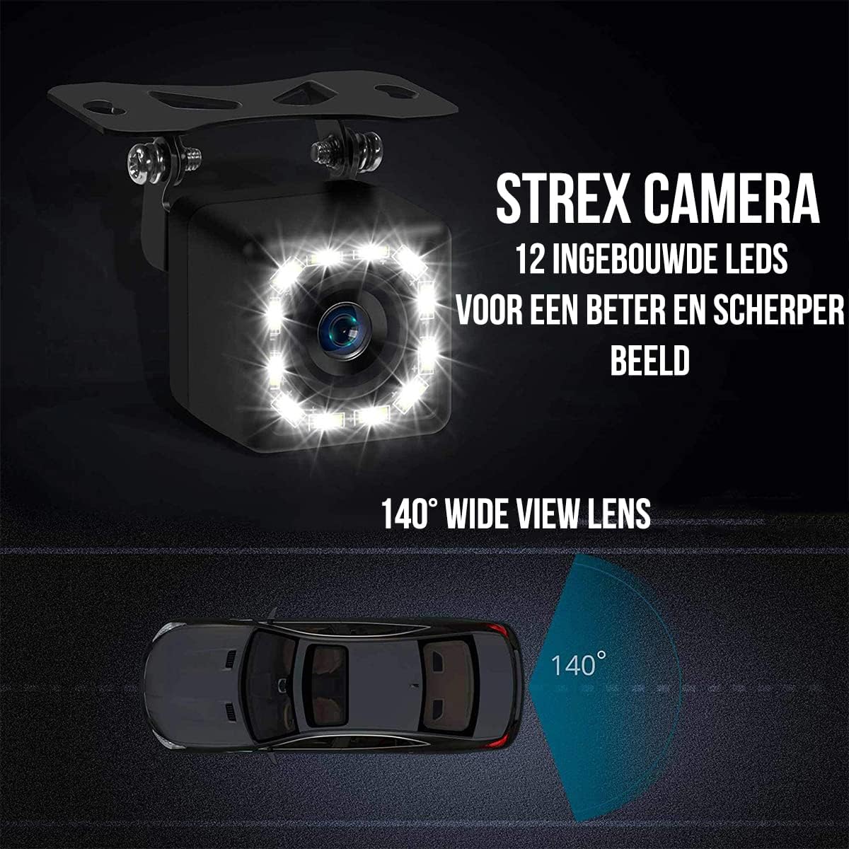 Strex camera with 12 built-in LEDs and a 140-degree wide view lens, illustrating the camera's features.