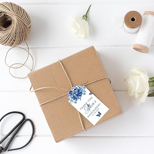Miniatura 2 de Andaz Press Paquete de 40 etiquetas personalizadas para quinceañera con cuerda, mariposas azules etiquetas de agradecimiento personalizadas y