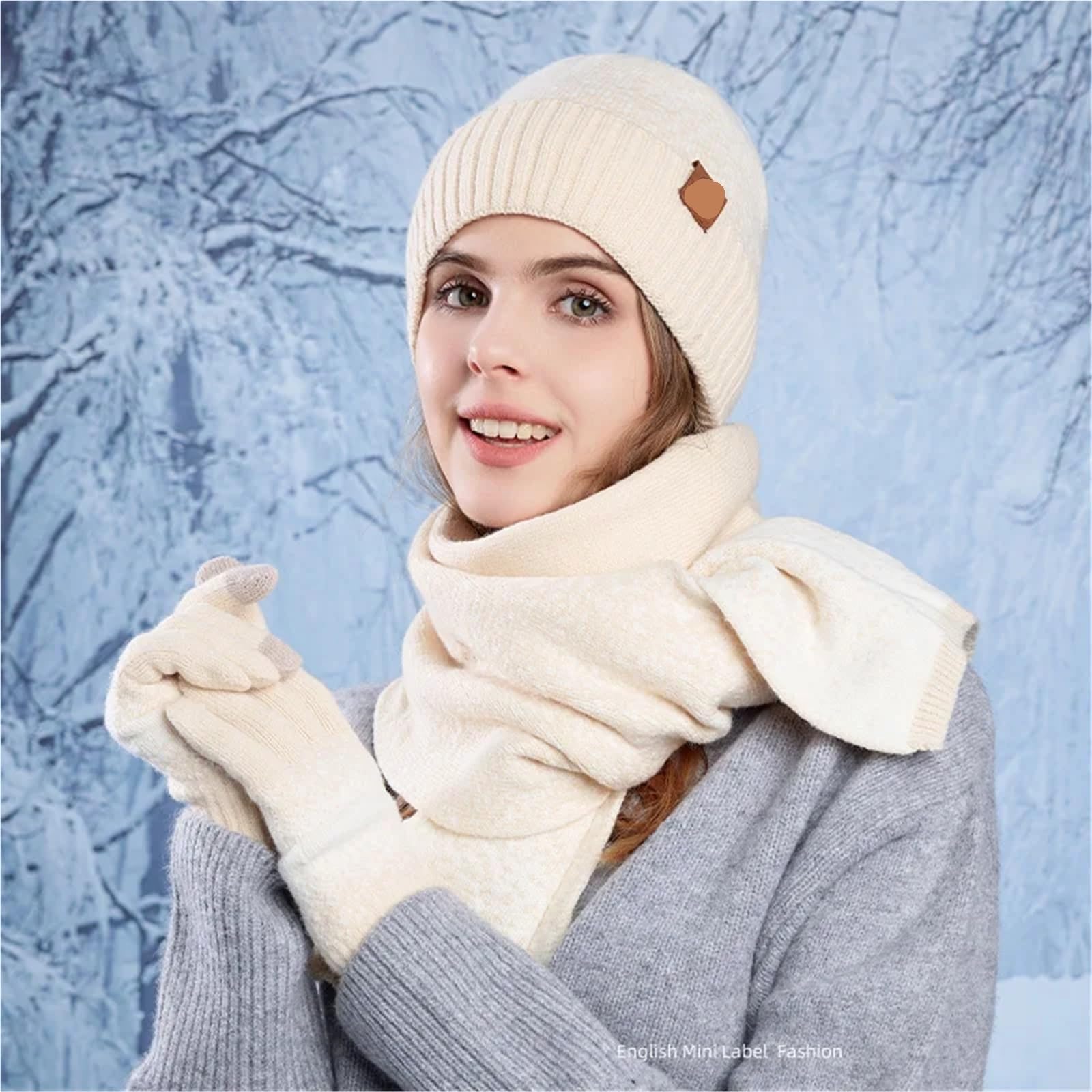 Damen WinteSet Mütze Schal Handschuhe Wintermütze, Handschuhe und Schal-Set for Damen Herren – kältebeständige, warme Outdoor-Mützen mit Samtohren