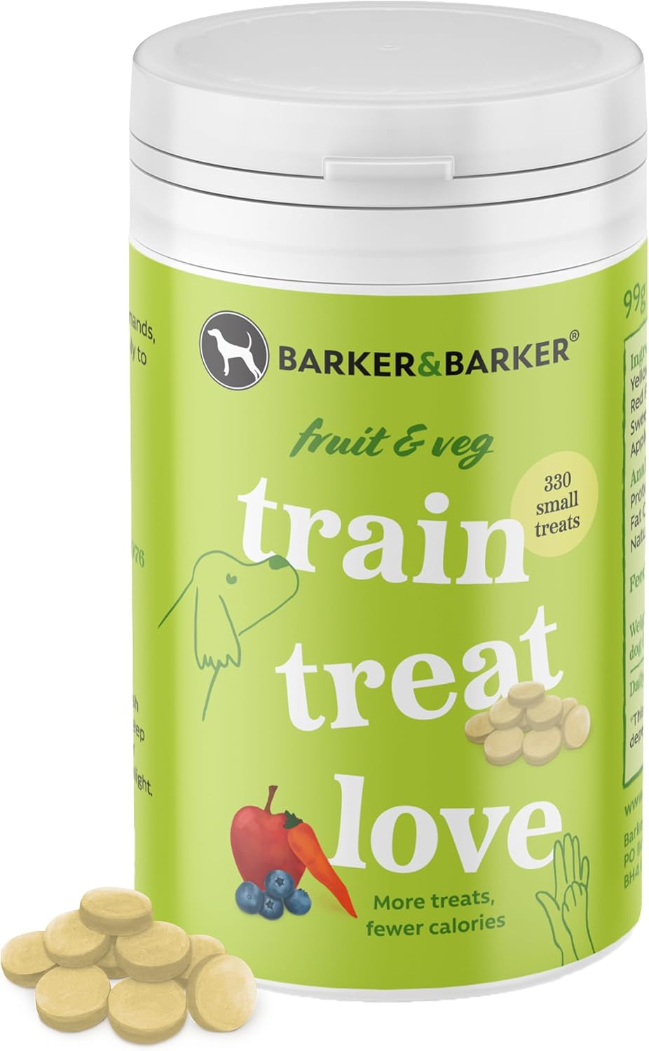 Barker and Barker Grain Free Dog Training Treats (Fruit & Veg) - 330 Small Tasty & Healthy Treats Pot - Low Calorie, High in Fibre & B Vitamins - 100% Human-Grade Ingredients for Puppies & Small Dogs
