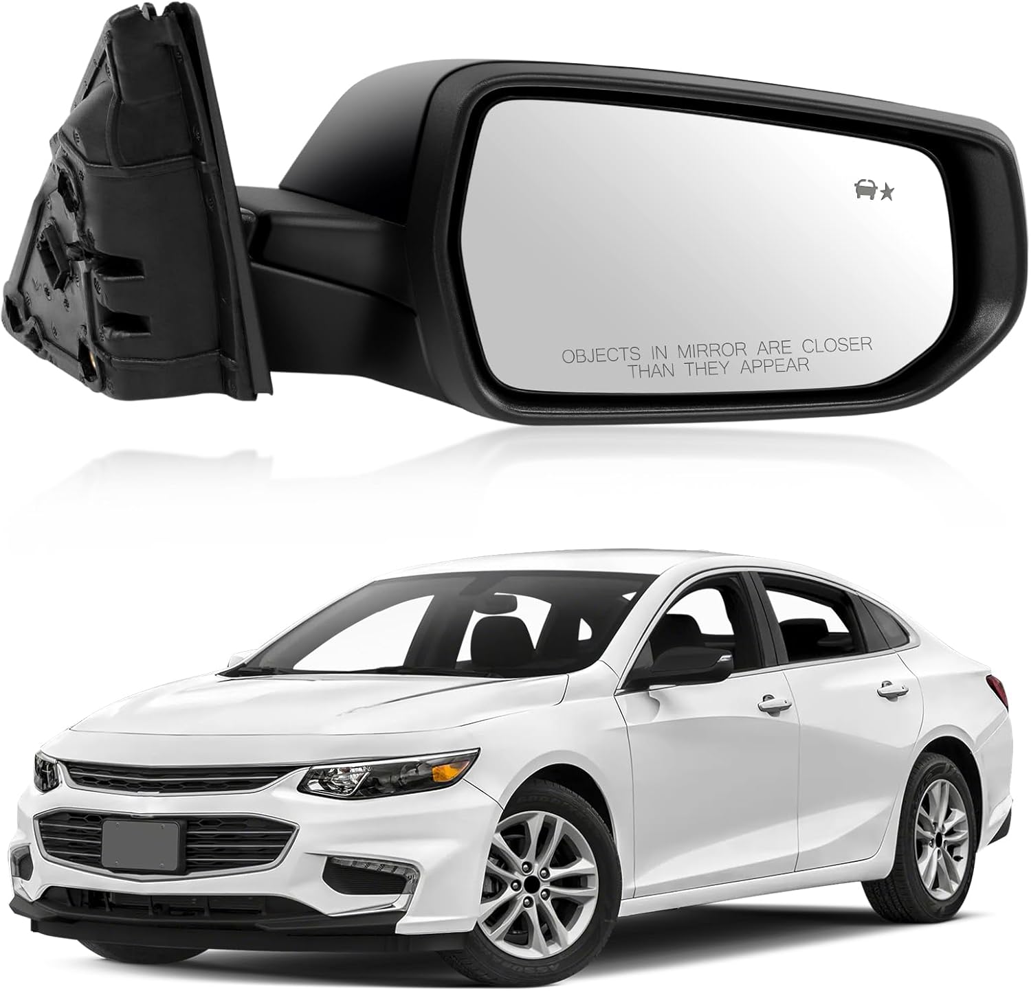 Right Passenger Side Mirror Fit for Chevy Malibu 2016 2017 2018 2019 2020 2021 2022, Rear View Mirror with Blind Spot Detection/Memory/Heated/Turn Signal Light/Manual Folding (12Pins, Gloss Black)