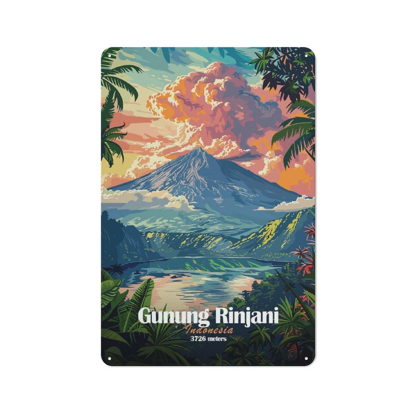 Junmoney Style-1 Modern Vintage Gunung Rinjani, Indonesia Office Metal Sign 30X20cm, Creative Space Decor For Hobby Room, Office, Lounge Or Living Room