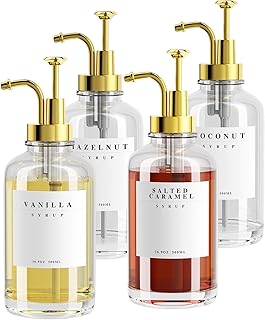 TIMIFTE Coffee Syrup Dispenser for Coffee Bar Accessoriesï¼ŒCoffee Pump Dispenser, Glass Syrup Bottle with Gold Pumps and 42 Labels, 16.9 oz 500 ml (4 Pack)