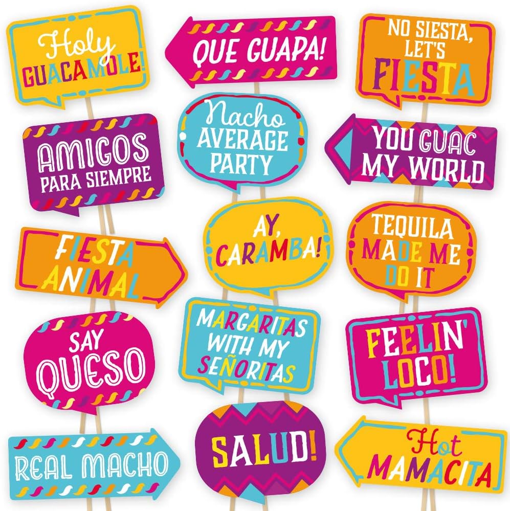 Cinco De Mayo Fiesta Photo Booth Props By Partygraphix - European Made Multicolor Mexican Party Prop Decoration - Easy To Assemble Mexican Themed Party Decoration Prop Kit Includes 15 Pieces