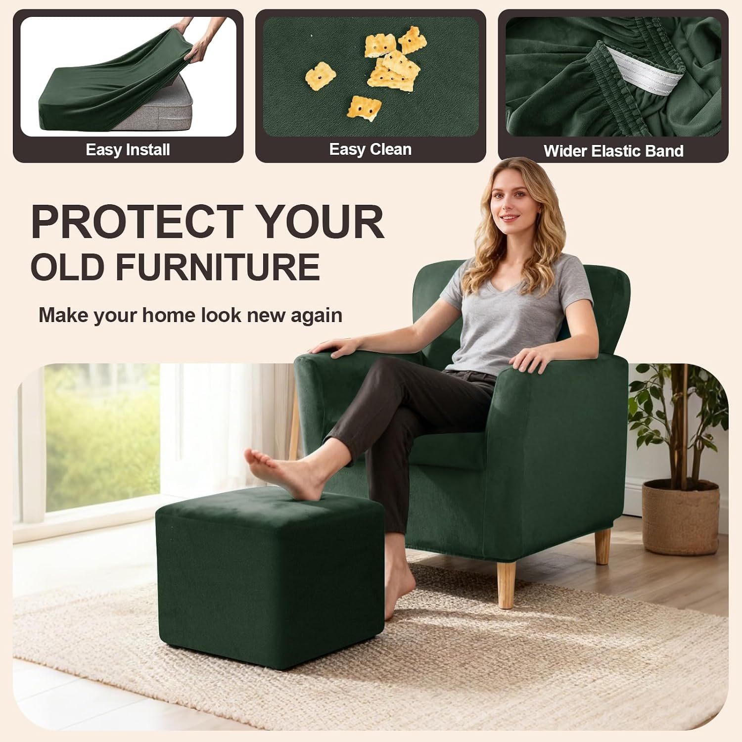 Stretch Banquet Armchair Slipcover, Velvet Soft Chair Cover with Anti-Slip Straps, Chair/Seat/Ottoman Covers for Living Room (Avocado,Ottoman Square M)