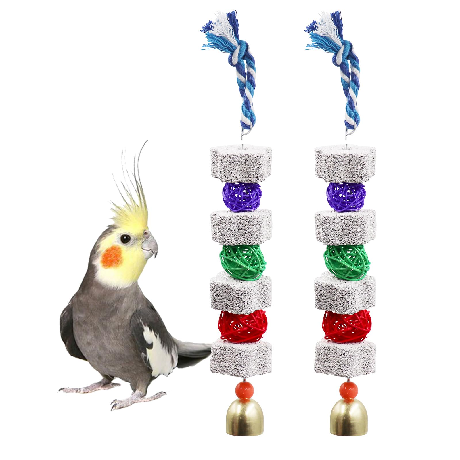 Dnoifne 2 Pack Bird Chewing Toy, Parrot Beak Grinding Calcium Stone with Bells, Bird Cage Accessories, Cage Toys for Cockatiel Parakeet Parrot Budgies Rat Hamster Chinchilla Rabbit Bunny African Grey