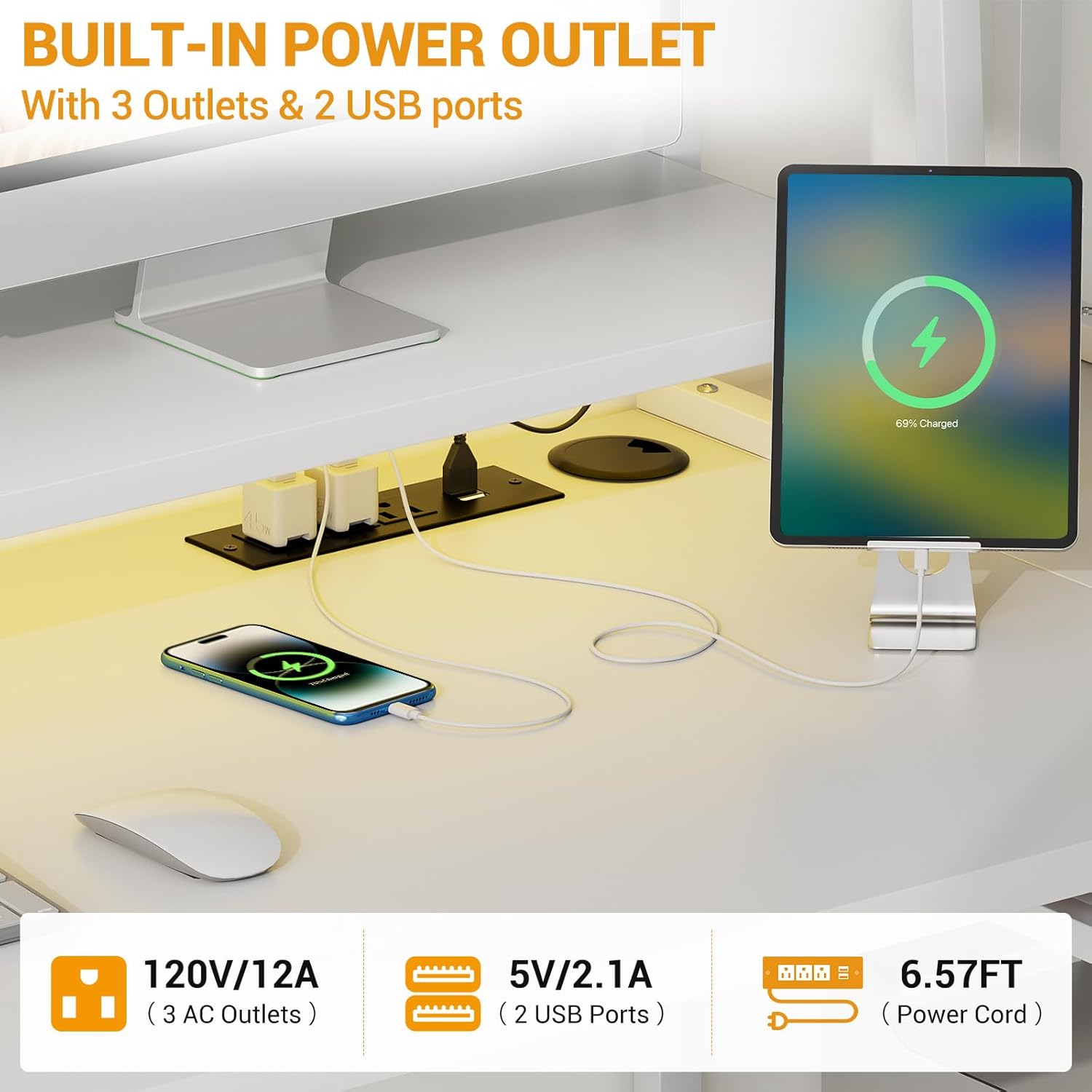 Cyclysio L Shaped Gaming Desk, 47” L Shaped Desk with Storage, Gaming Desk with Shelves, Charging Station and LED Light, Computer Desk with Monitor Stand and Storage Bag, White