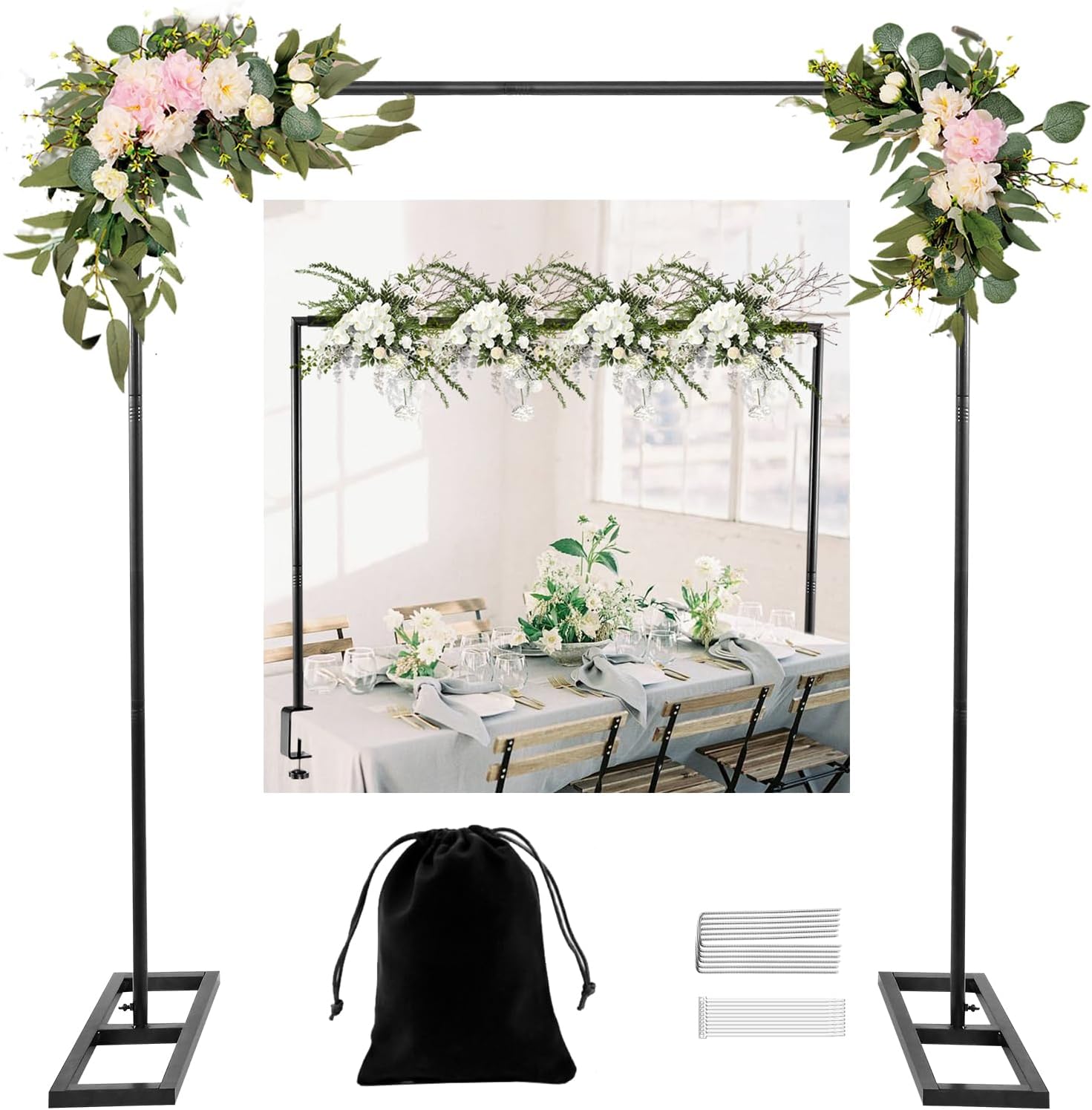 8.2 FT Wedding Arch Rectangle Stand Square Backdrop Stand, Extra Clamps to Table Rod Stand, Adjustable Photo Booth Background Kit, Balloon Arch Stand for Birthday Party Baby Shower Decor,Black