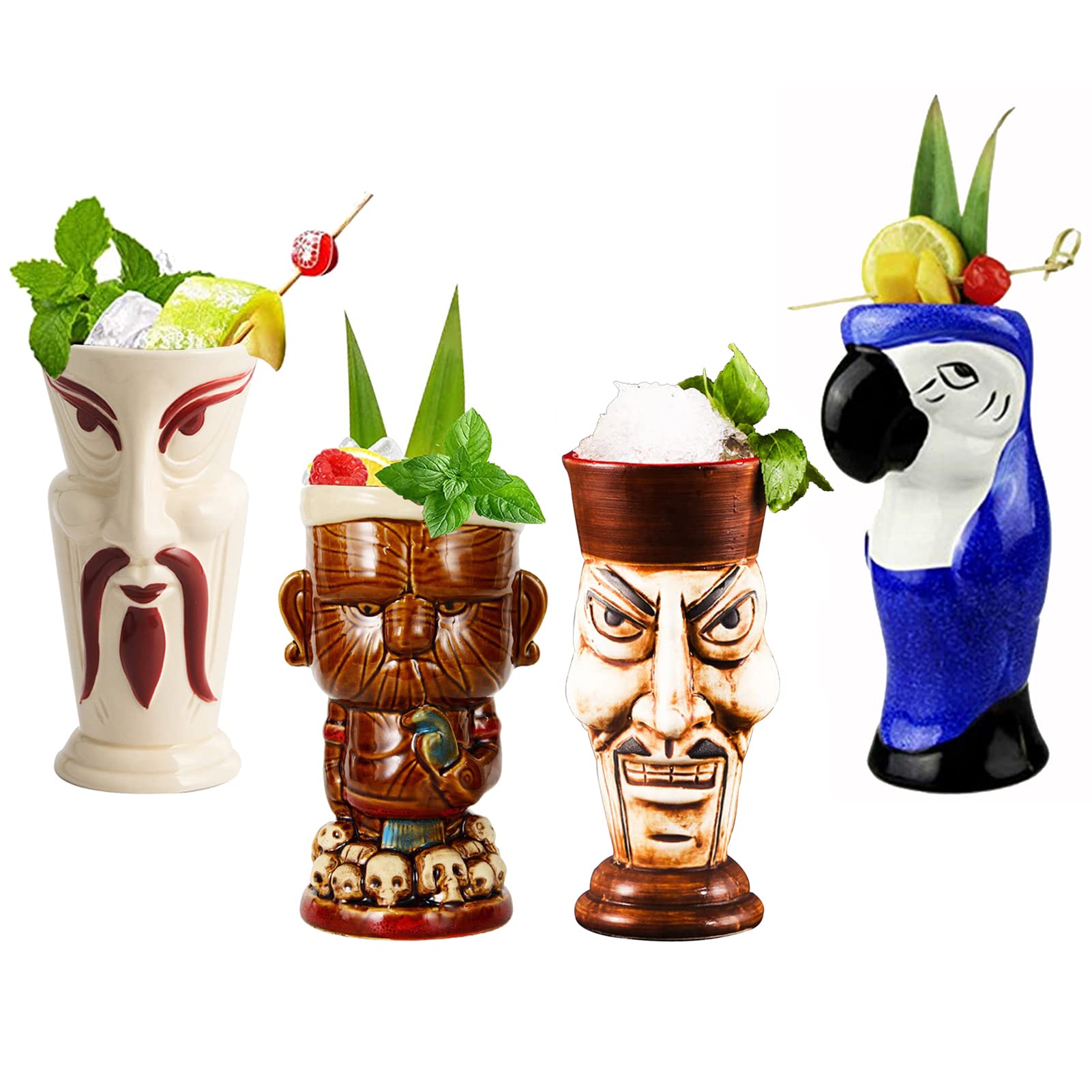 Tiki bar Tiki Bicchieri per cocktail Tiki Tiki Tiki Set di 4 simpatici bicchieri da cocktail esotici, Tiki Bar Professional Hawaiian Party Barware, 6