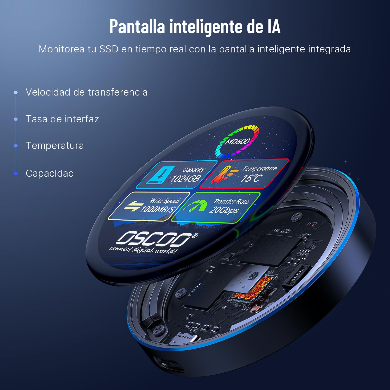 SSD externo cifrado de 1 TB, pantalla táctil inteligente, hasta 2000 MB/s