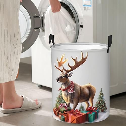 Miniatura 7 de Christmas Gift Reindeer print Circular Hamper Waterproof Storage Bin Organizer Basket Laundry Hamper With Handles For Clothes Toys Medium