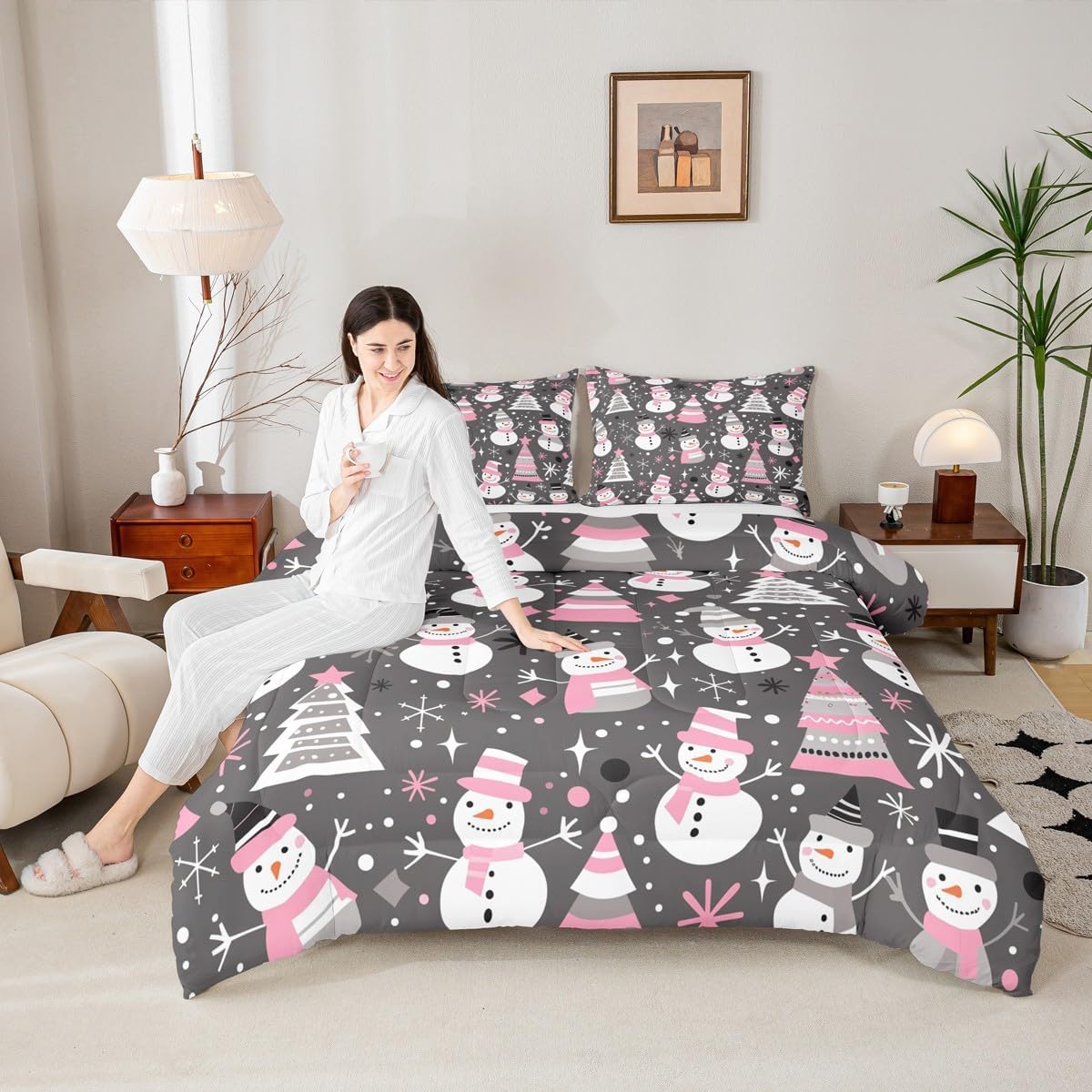 Feelyou Merry Christmas Comforter Set All Season Xmas Tree and Snowman Bedding Set with 1 Pillow Cases Snowflake Microfiber Toddler Bedclothes Bedroom Decor Duvet Quilt Breathable Soft Lightweight
