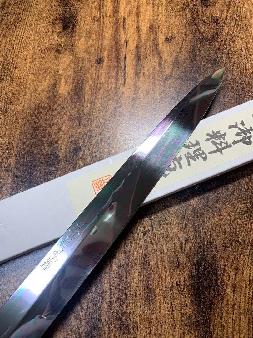 森本光一作　刺身 切付　水本焼　包丁　尺一　鏡面　黒檀両白水牛銀巻柄 森本光一作刺身 切付水本焼包丁尺一鏡面黒檀両白水牛銀巻柄