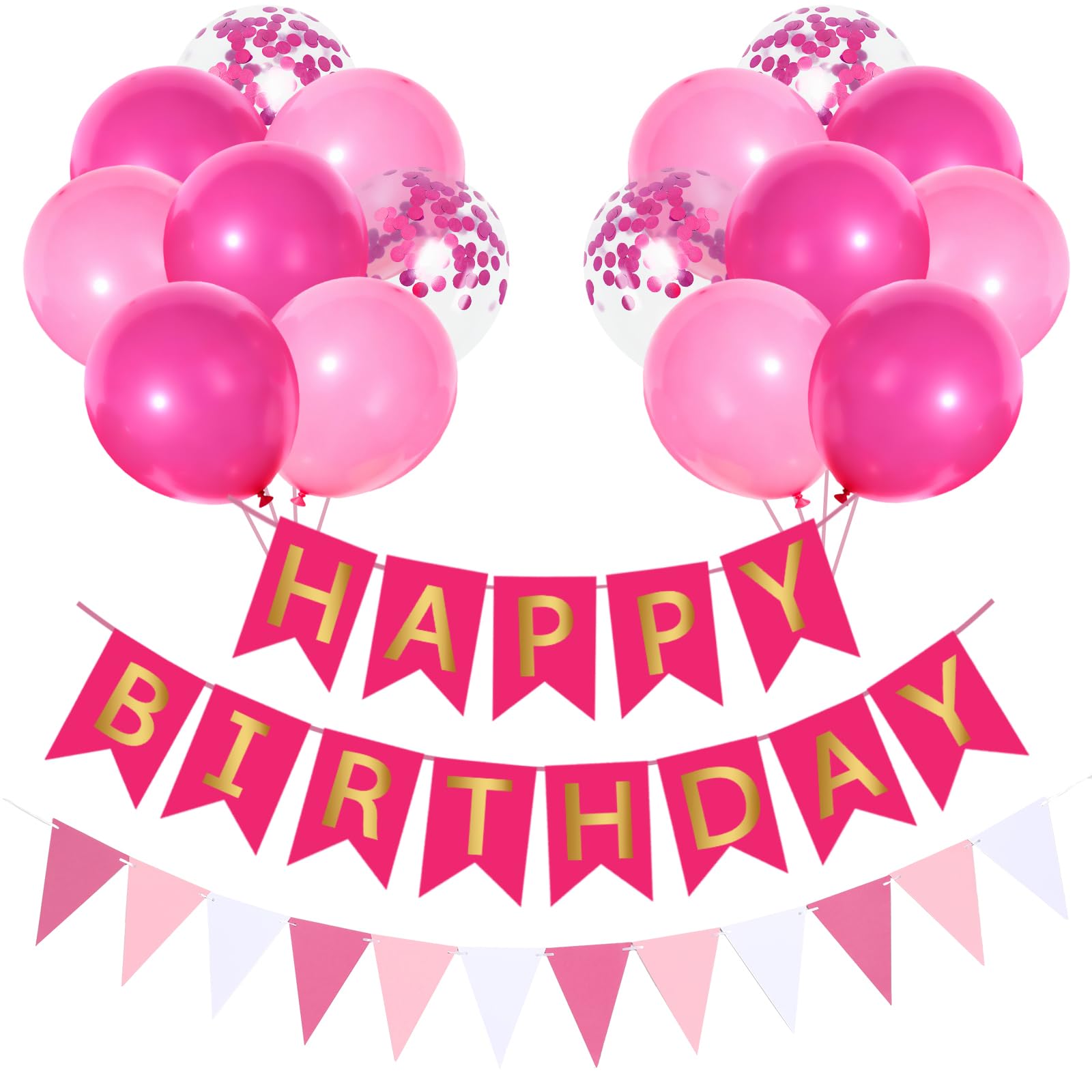 Happy Birthday Banner and Bunting, Hot Pink Happy Birthday Decorations, 16pcs 12 inch Pink Rose Red Confetti Balloons Helium Balloon with Fuchsia Ribbon for Girls and Women Birthday Party Decorations