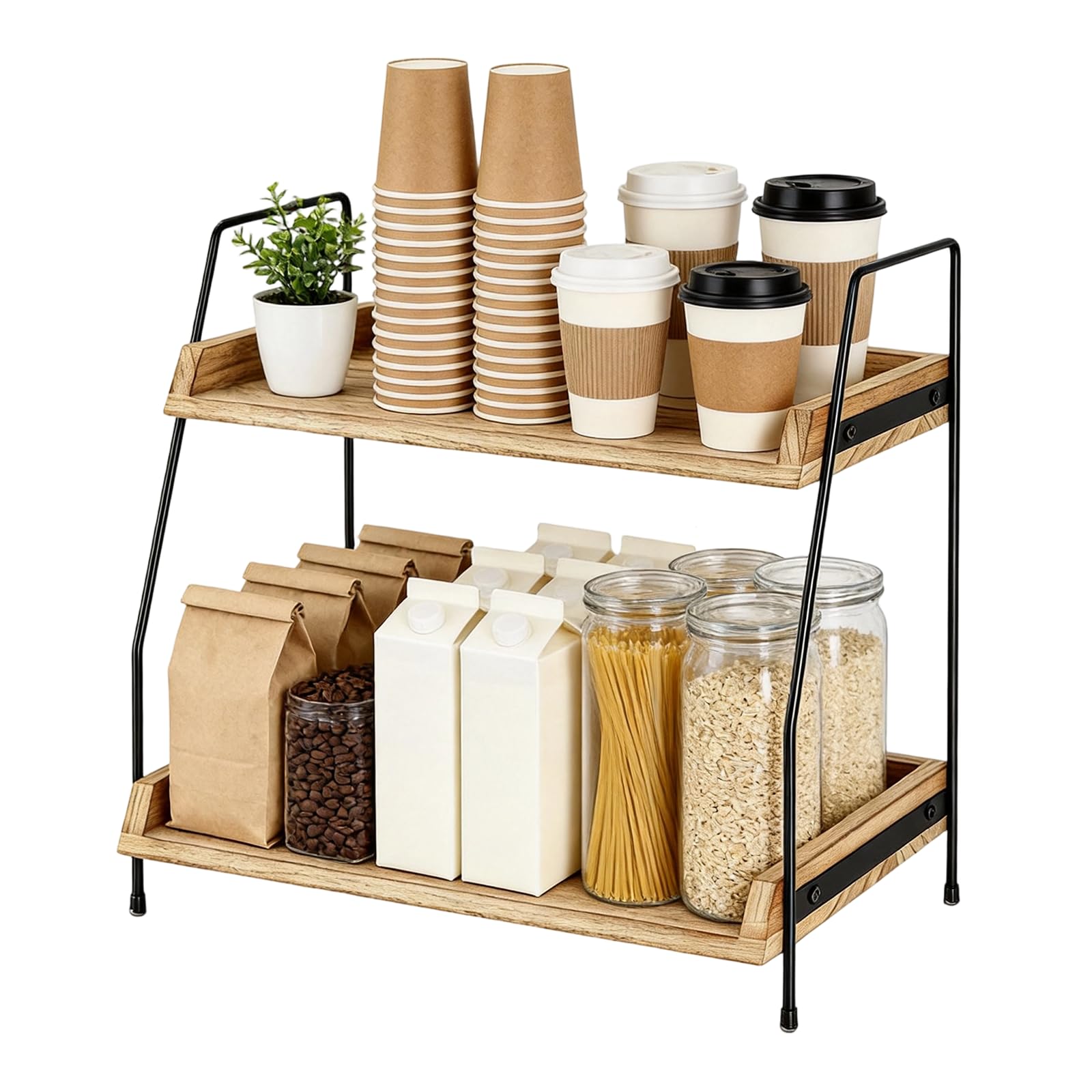 MXEEK 2 Tier Coffee Station Organizer, Wooden Kitchen Counter Shelf