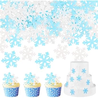 50 Pieces Edible Snowflakes Cake Decoration Frozen Cake Decoration Edible Cake Topper Snowflake Cupcake Toppers Muffin Decoration Cake for Birthday Wedding Christmas Blua + White