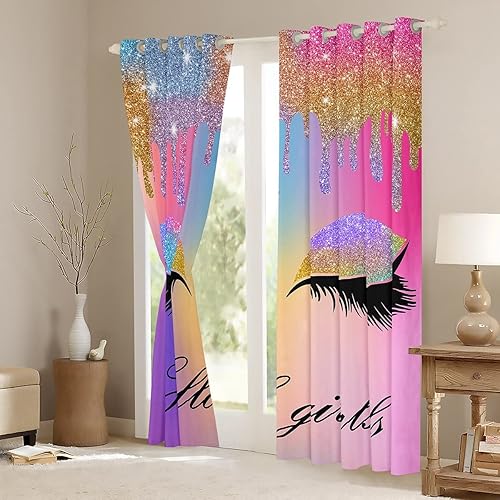 Miniatura 10 de Feelyou Cortinas opacas para oscurecer las pestañas para dormitorio, sala de estar, estampado de purpurina rosa (sin brillantina), cortinas opacas