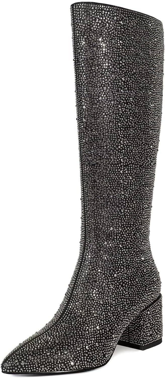 WETKISS Womens Knee High Colorful Snakeskin Boots, Snake Print Chunky High Heels Pointed Toe Zipper Slouch Shoes