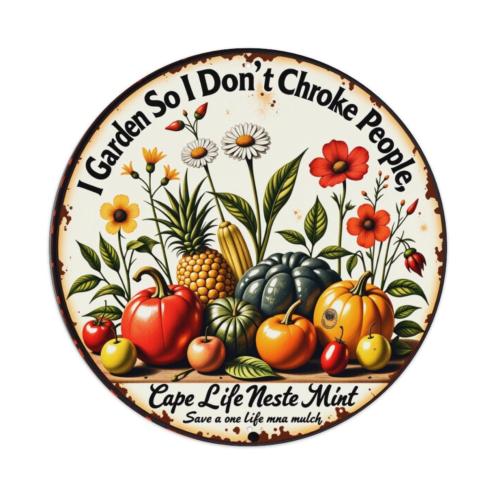 Garden Flowers Vegetables Fruits Leaves Round Tin Sign Vintage Style Metal Sign Home Bar Garden Wall Plaque Decor Metal Poster 8x8 Inch