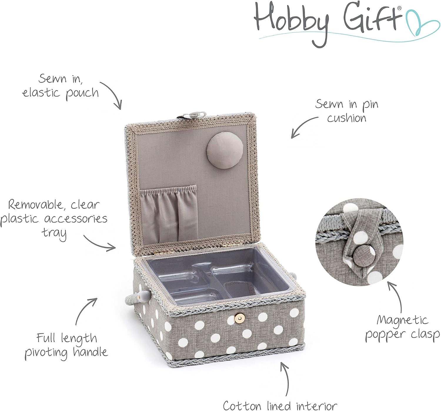 Hobby Gift Small Sewing Storage Box Craft Organiser with Handle Internal Tray Pin Cushion and Pocket for Sewing Accessories and Hobby Supplies