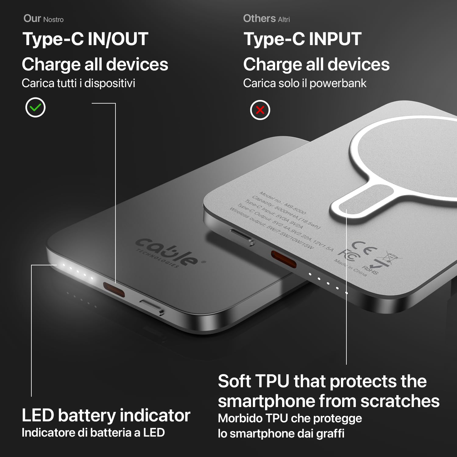 Cable Technologies MagPower powerbank magnétique sans Fil 5000mah PD20W USB-C Ultra Mince, Léger, Charge Rapide, Batterie Externe Power Bank Chargeur Portable Universel pour iPhone, Samsung, etc
