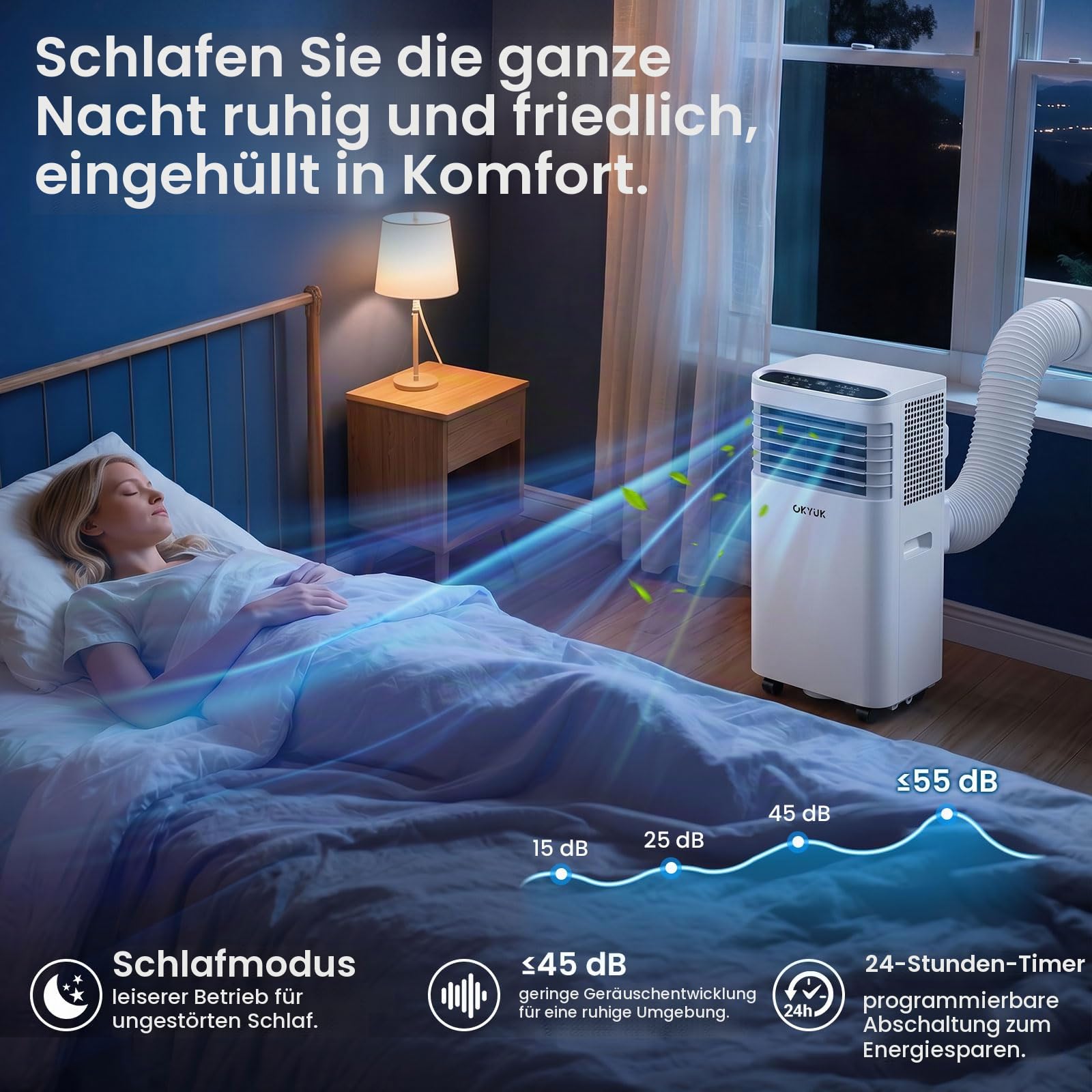 OKYUK Mobile Klimaanlage 7000 BTU mit Abluftschlauch | 4-in-1 Mobiles Klimagerät | Leiser Betrieb | Fernbedienung | Fenster-Installationsset | 24h-Timer | Für Räume bis 20 m² (7000BTU Weiß)