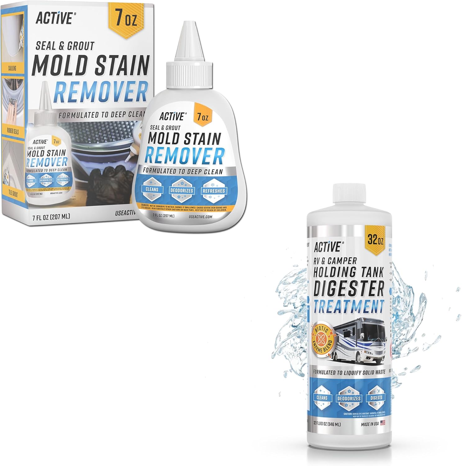 ACTIVE Mold Stain Remover Gel and RV Holding Tank Digester Treatment - Includes 7oz Mold Stain Remover and 32oz RV Black Tank Treatment