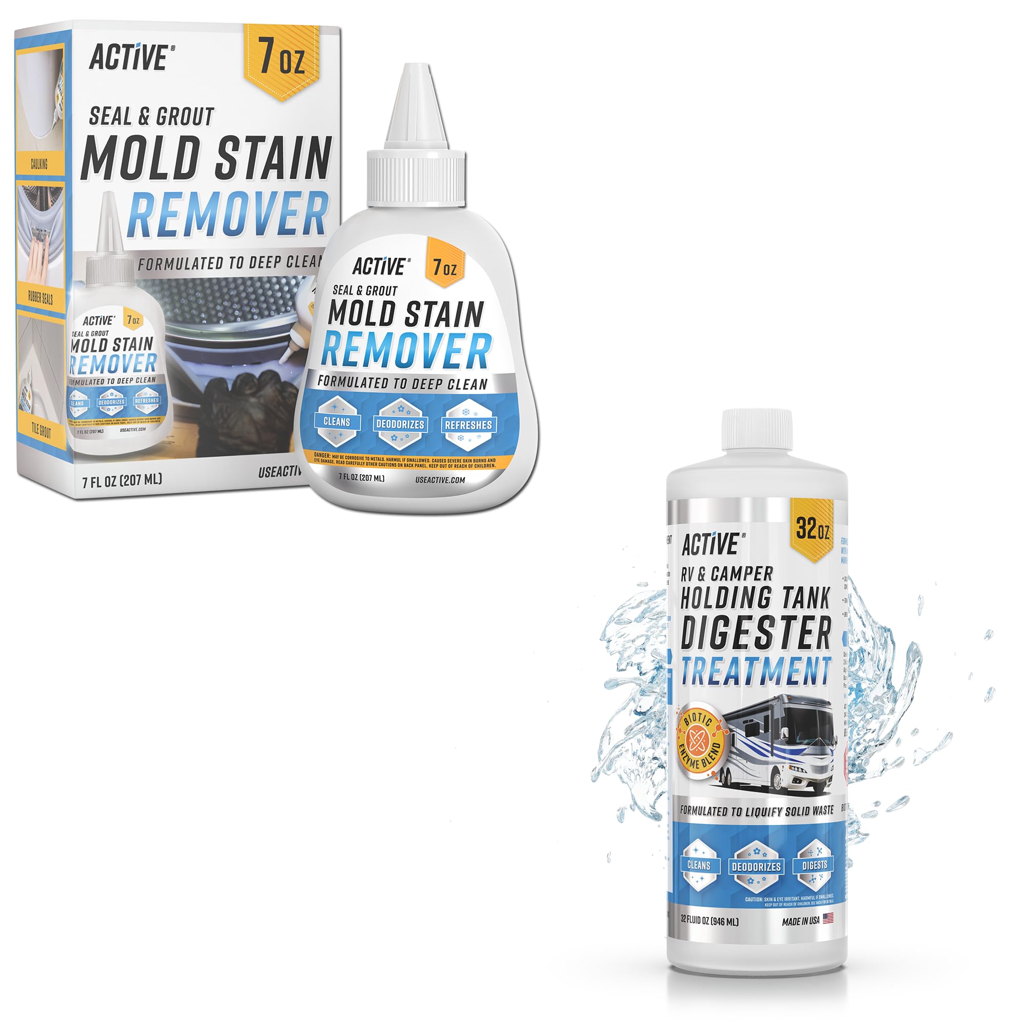 ACTIVE Mold Stain Remover Gel and RV Holding Tank Digester Treatment - Includes 7oz Mold Stain Remover and 32oz RV Black Tank Treatment