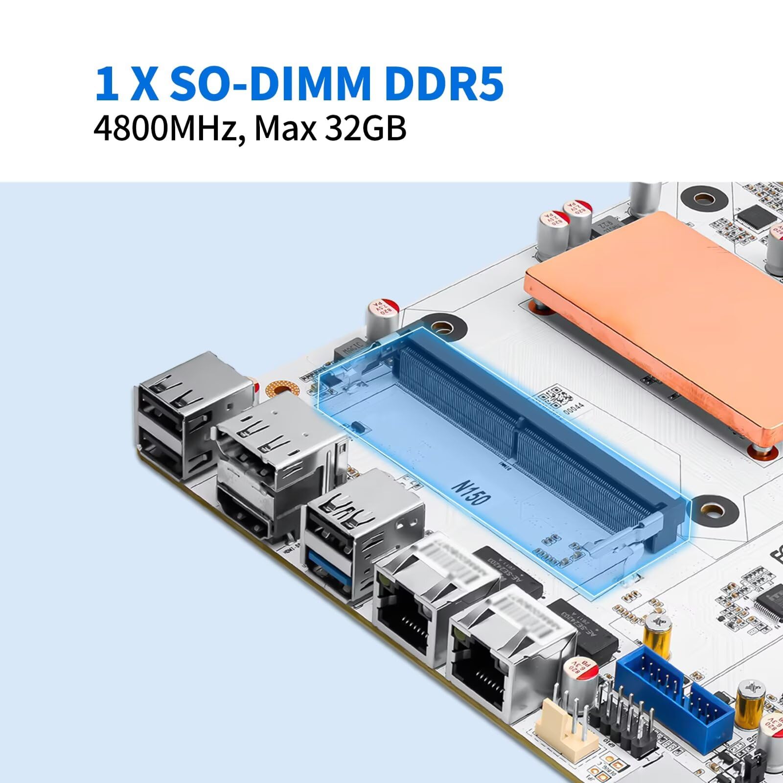N150 NAS Motherboard Mini ITX, 2× 2.5GbE LAN, 6× SATA3.0, 2× M.2 NVMe, 4USB, TF, 1x PCIe 3.0x4, DDR5 4800MHz up to 32GB, HD+DP Dual Display, for Home Server/Firewall/Storage, 170x170mm, Barebone