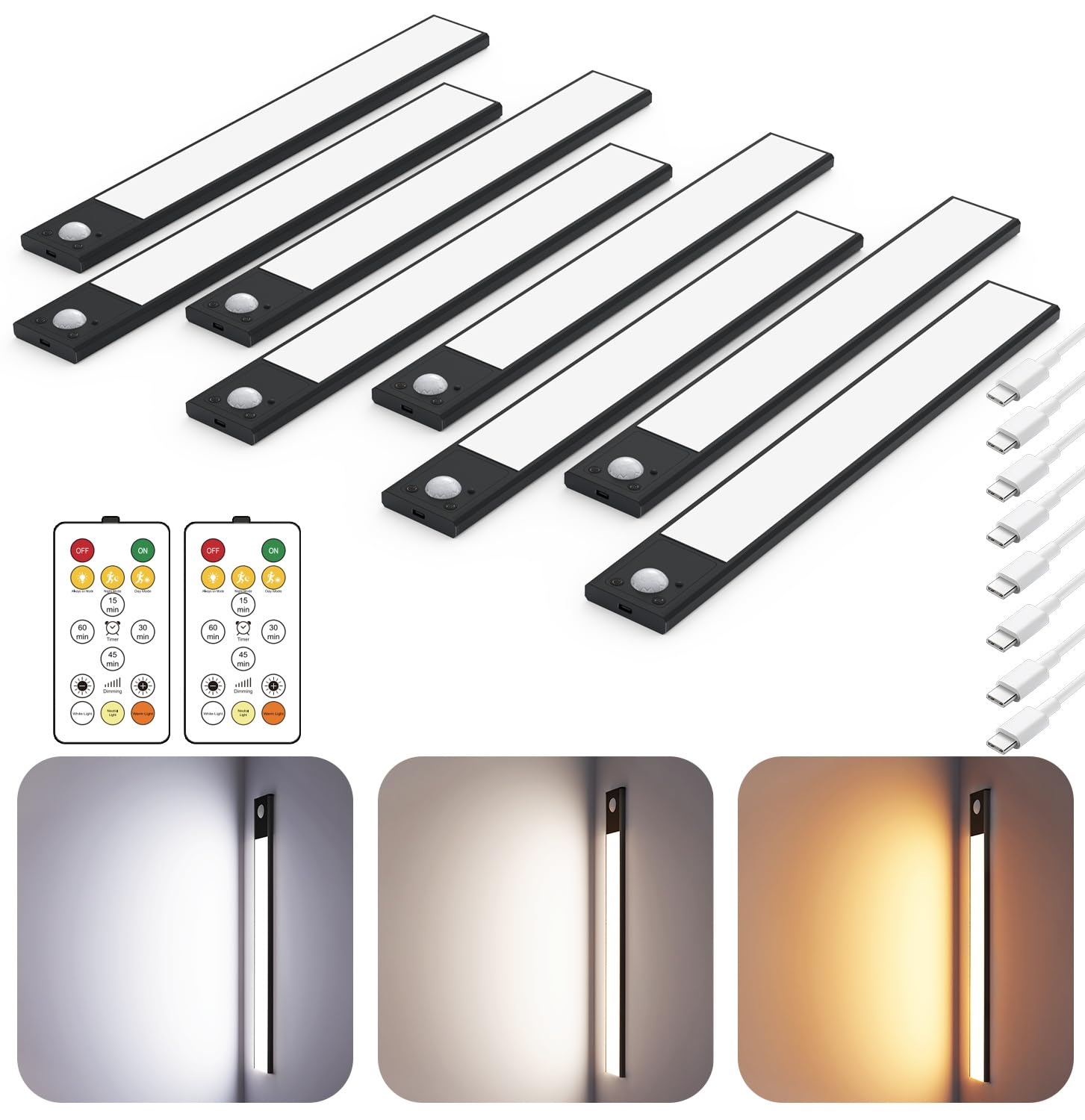 Photo 1 of 12" Ultra-Thin Under Cabinet Lighting Cordless, Aluminum Alloy Under Counter Lights for Kitchen, 3-Color-Temps Magnetic Closet Lights, Rechargeable Motion Sensor Light Indoor (8 Pack, Black)