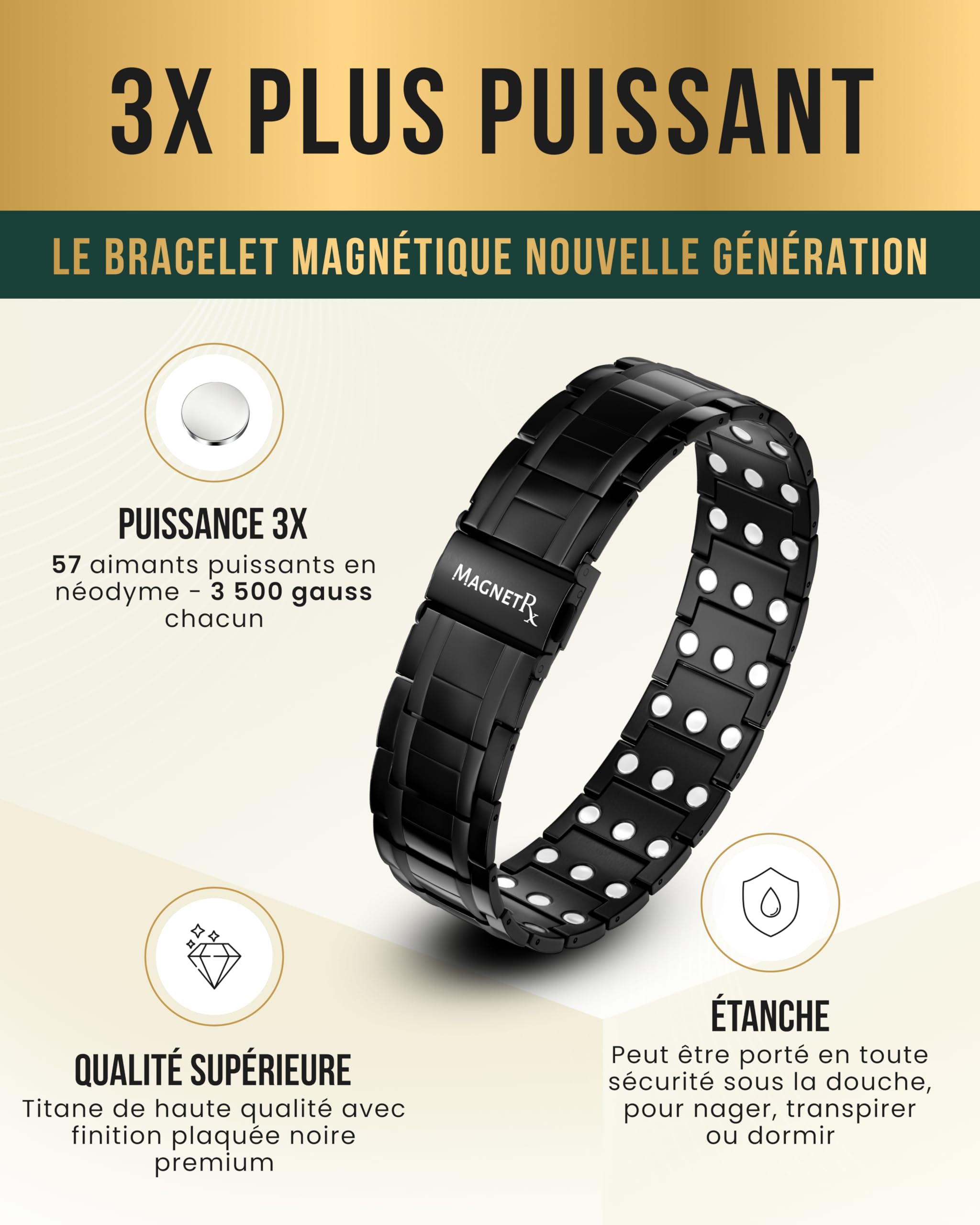 MagnetRX® Bracelet Magnétique Homme – Bracelet Homme en Acier Inoxydable Ultra-Résistant avec 57 Aimants Puissants (199000 Gauss) – Réglable avec Outil de Dimensionnement