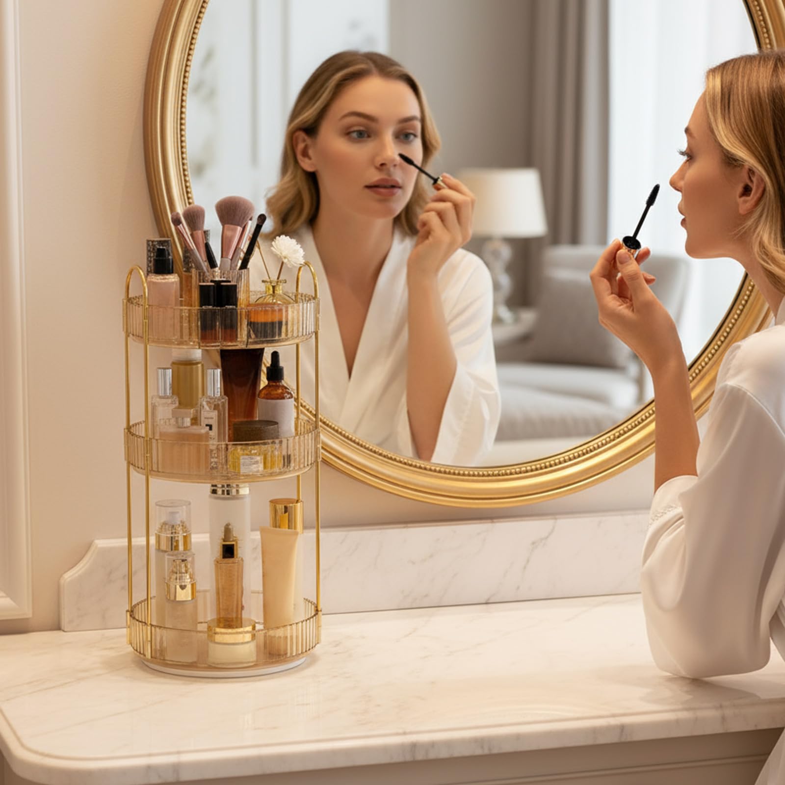 Organizador De Maquillaje: Soporte De Perfume Giratorio 360° De 3 Niveles, Organizador De Artículos De Tocador Y Belleza, para Tocador, Baño (Ámbar-A)