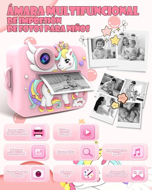 Foto 2 de 8 de Cámara Instantánea para Niños Unicornio, Cámara Digital Infantil con Impresión Inmediata y 4 Rollos