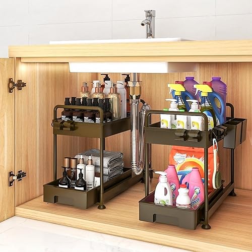 Exilenthome 2-Pack Under Sink Organizers for Bathroom and Kitchen, 2-Tier Cabinet Storage with Pull-Out Drawer, 6 Hooks, and 2 Hanging Cups (Black)