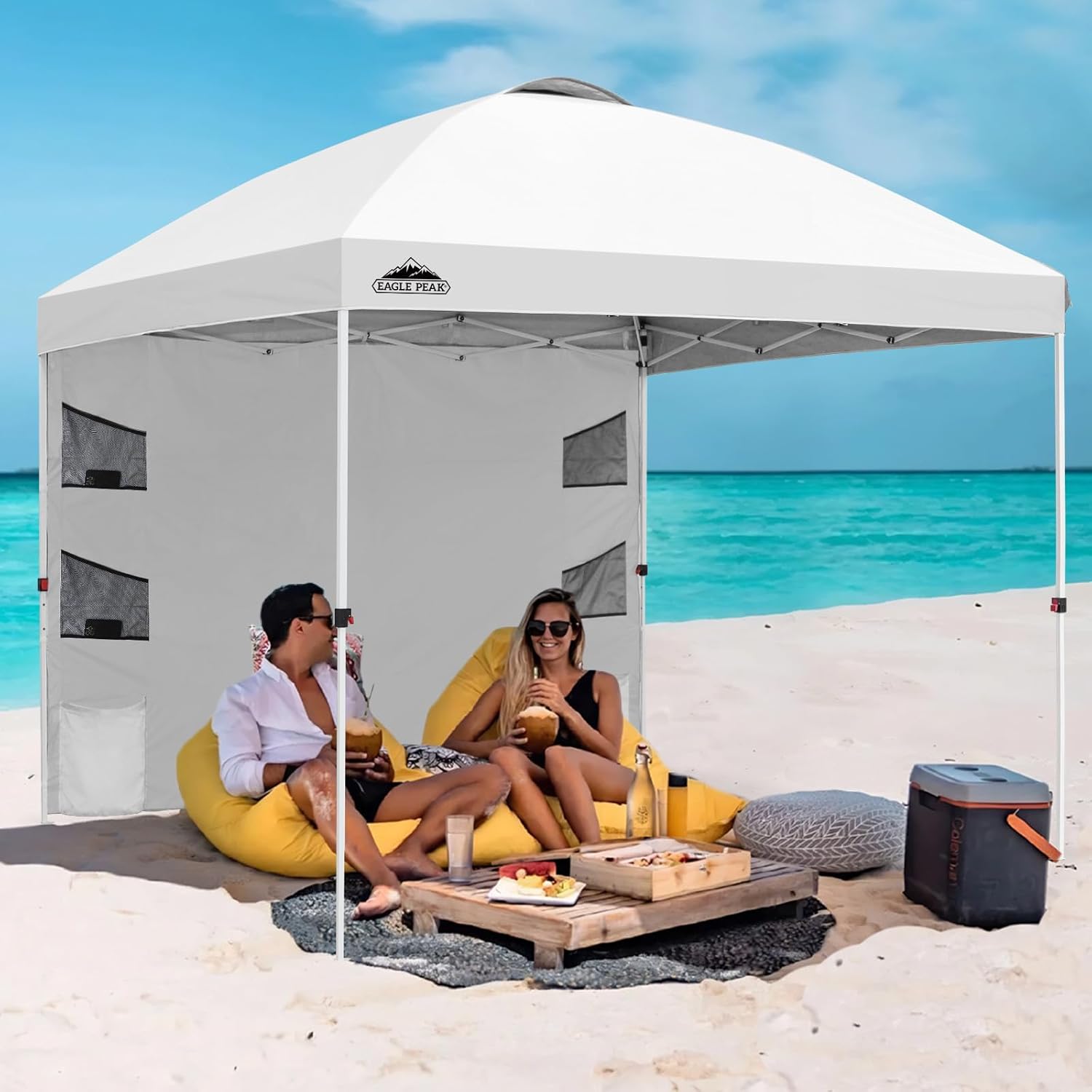 EAGLE PEAK Commercial Canopy 10x10 with Sidewall Storage, Easy OnePerson Setup Pop Up Canopy Tent with Roller Bag, Stakes, Ropes, and Weight Bags, White