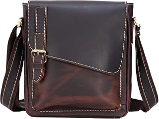 Masa Kawa Leather Messenger Bag Small Crossbody Shoulder Bag Gift for Men Women Flap Over Man Purse Fits 10" Tablet
