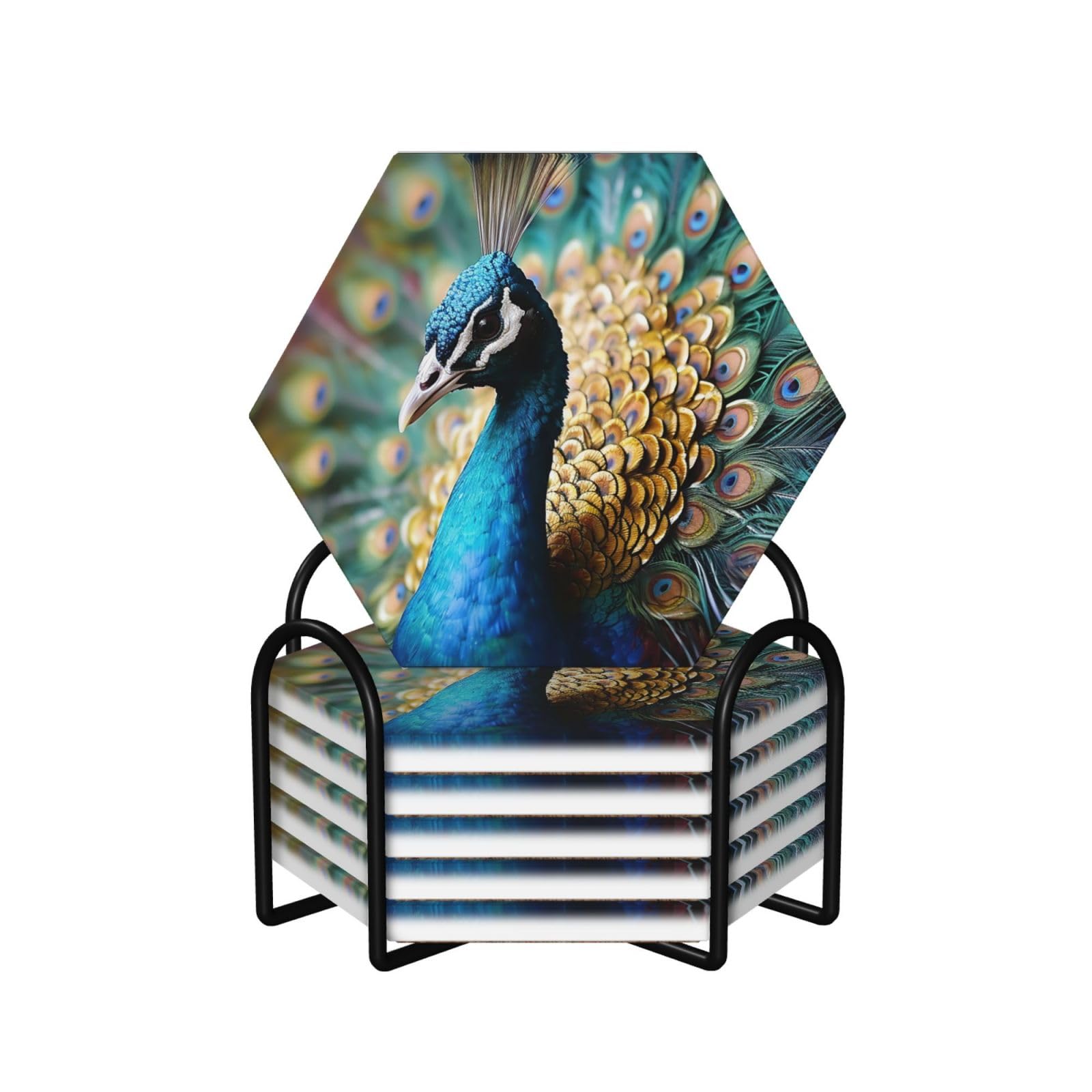 Sous-verres céramique paon de 10.4 cm avec support pour table basse chic