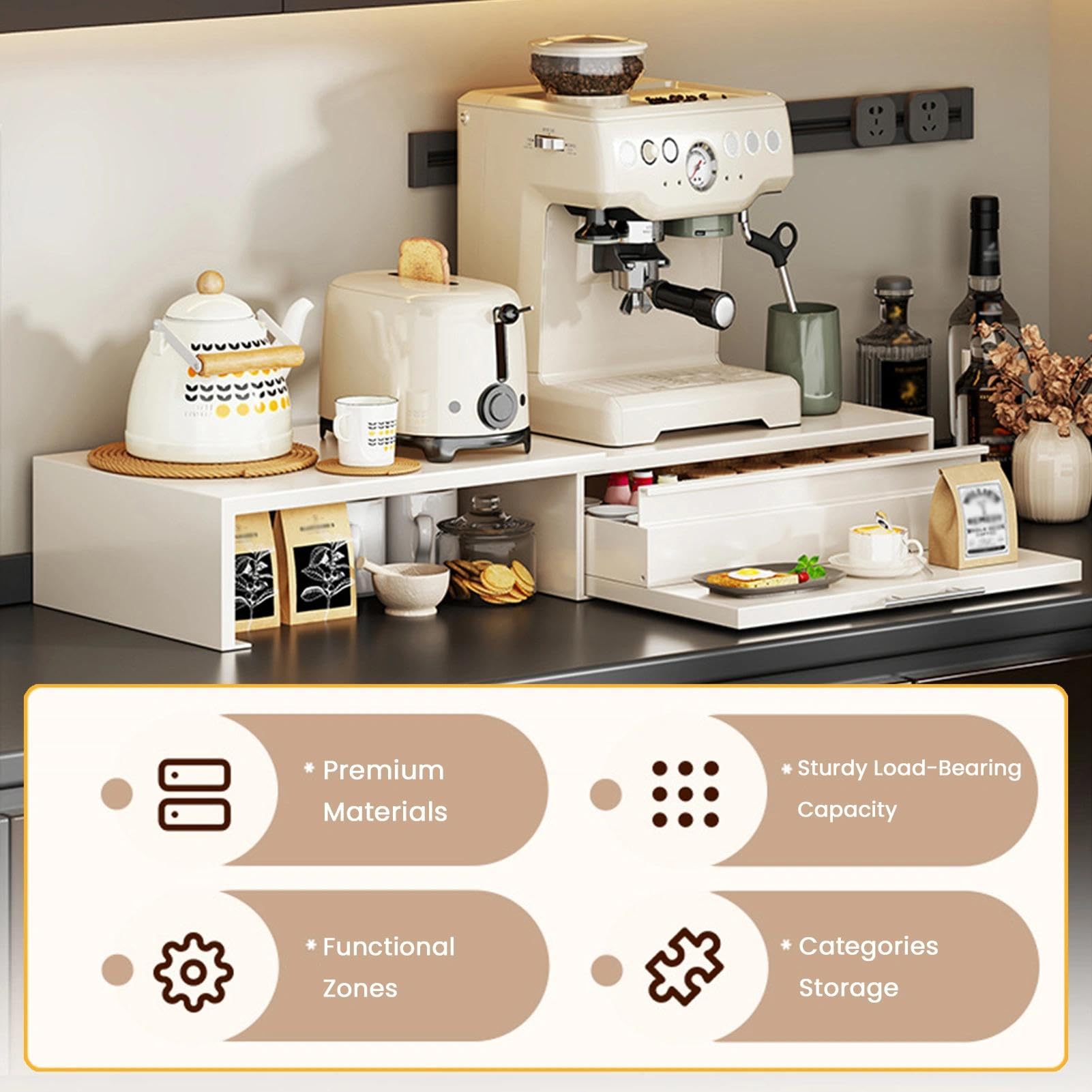 Kaffeekapselhalter Mit Schubladen Und Seitlichem Ablagefach – Ausziehbarer Organizer Für Die Kaffeestation, Aufbewahrungsbox Für Tassen, Ständer Für Die Kaffeemaschine(Black-A)
