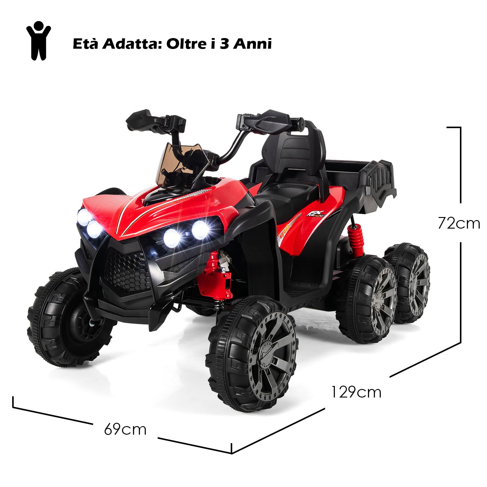 COSTWAY 12V Quad Elettrico per Bambini, Macchina Elettrica per Bambini con 6 Ruote 4 Motori Baule Posteriore Luci LED e Musica, Trazione Integrale, 3-6 km/h, 3 Anni+ (Rosso)