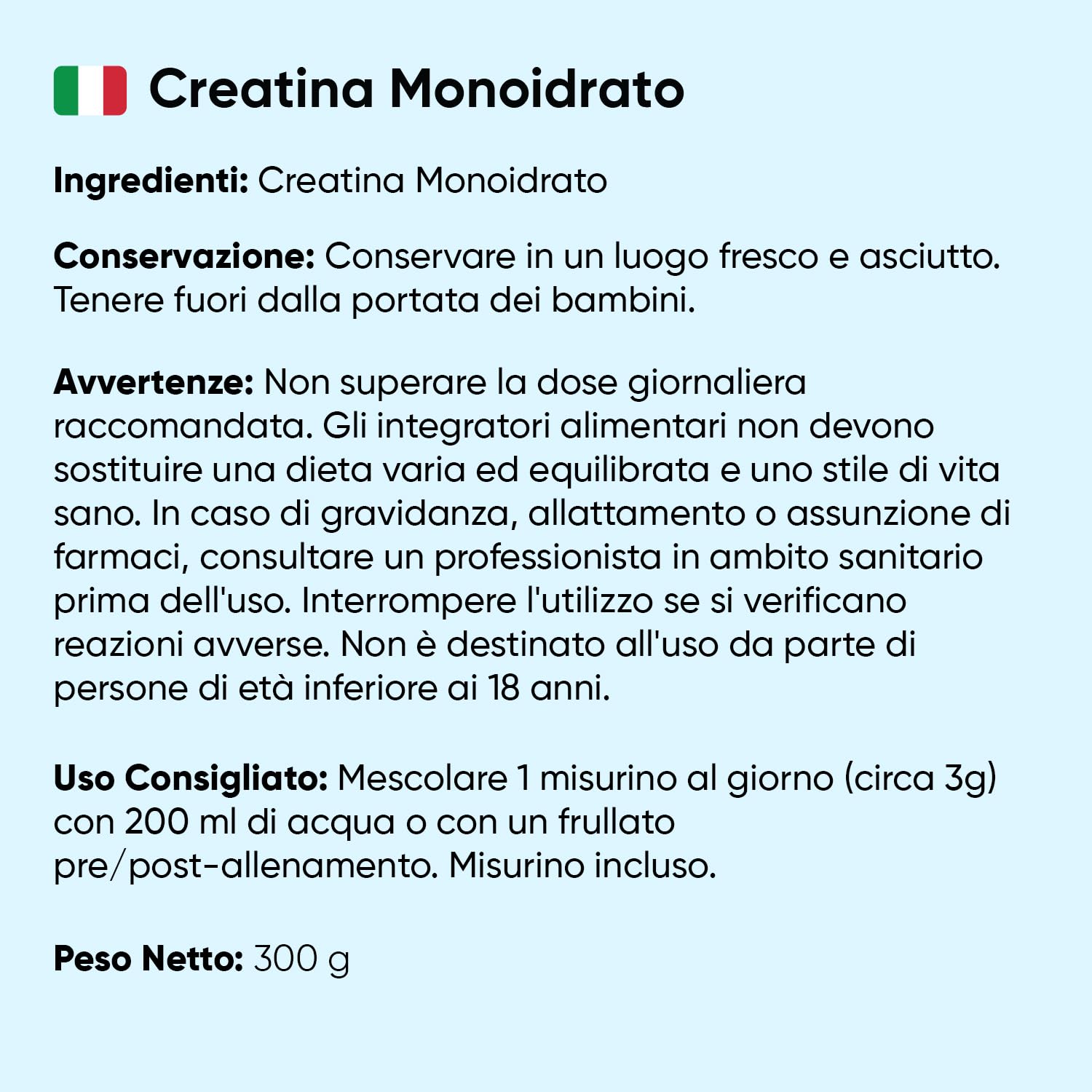 Creatina Monoidrata in Polvere 100% Pura, Vegana, 100 Dosi, Fattore di Maglia 200, 1 Solo Misurino al Giorno, Creatina in Polvere Micronizzata da 300g con Misurino, Pre Workout, Intra e Post Workout