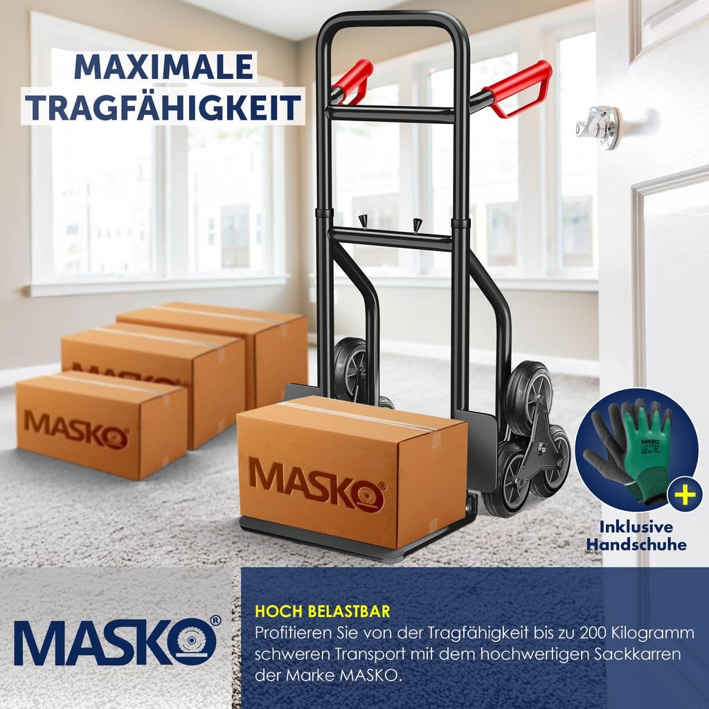 MASKO® Carretilla para escaleras, 200 kg, Carretilla de Transporte para Subir escaleras, Plegable, Ruedas de Goma Dura, Asas de plástico, Marco de Acero