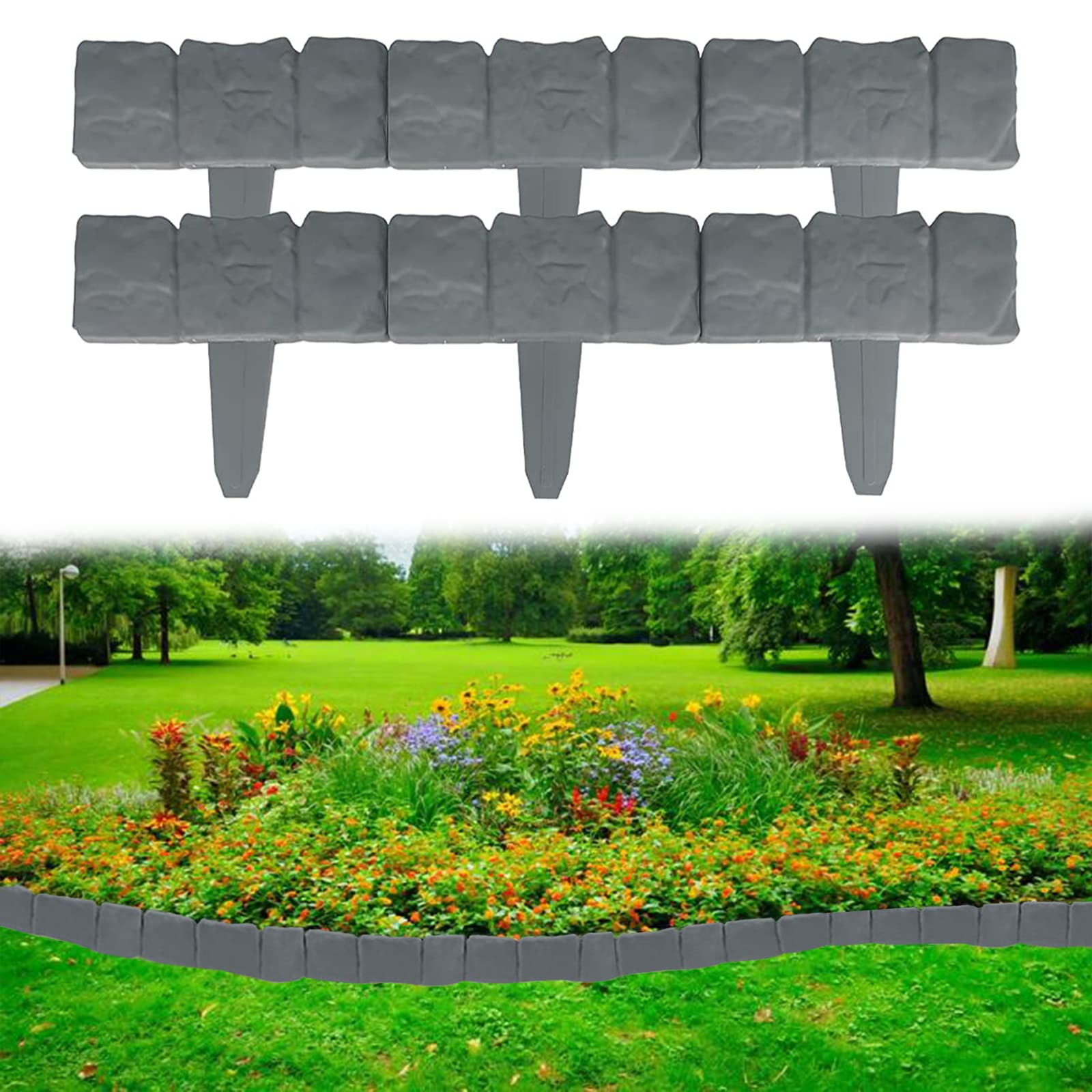 Garden Edging Border,Landscape Edging,32ft Plastic Garden Edging Border no dig for Edging DIY Decorative Flower Grass Bed Border,Comes with a Punch Tool for Insertion,40pcs(Grey)
