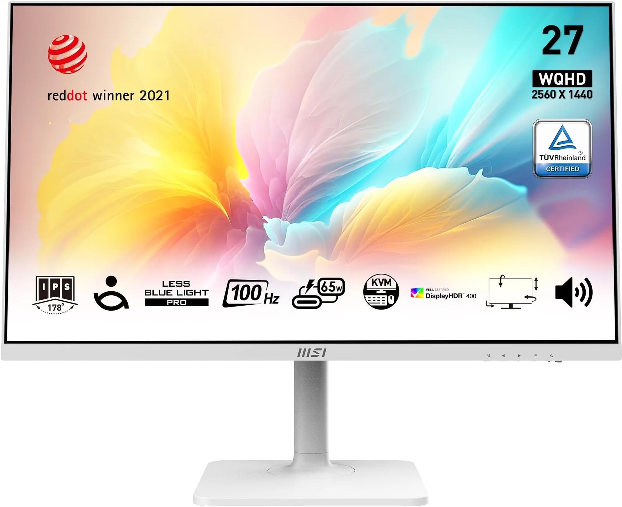MSI Modern MD272QXPW 27 Inch WQHD Office Monitor - 2560 x 1440 IPS Panel, 100 Hz, Eye-Friendly Screen, DisplayHDR 400, Built-in Speakers, 4-Way Adjustable Stand, KVM - DP 1.2a, HDMI 2.0b, USB Type-C