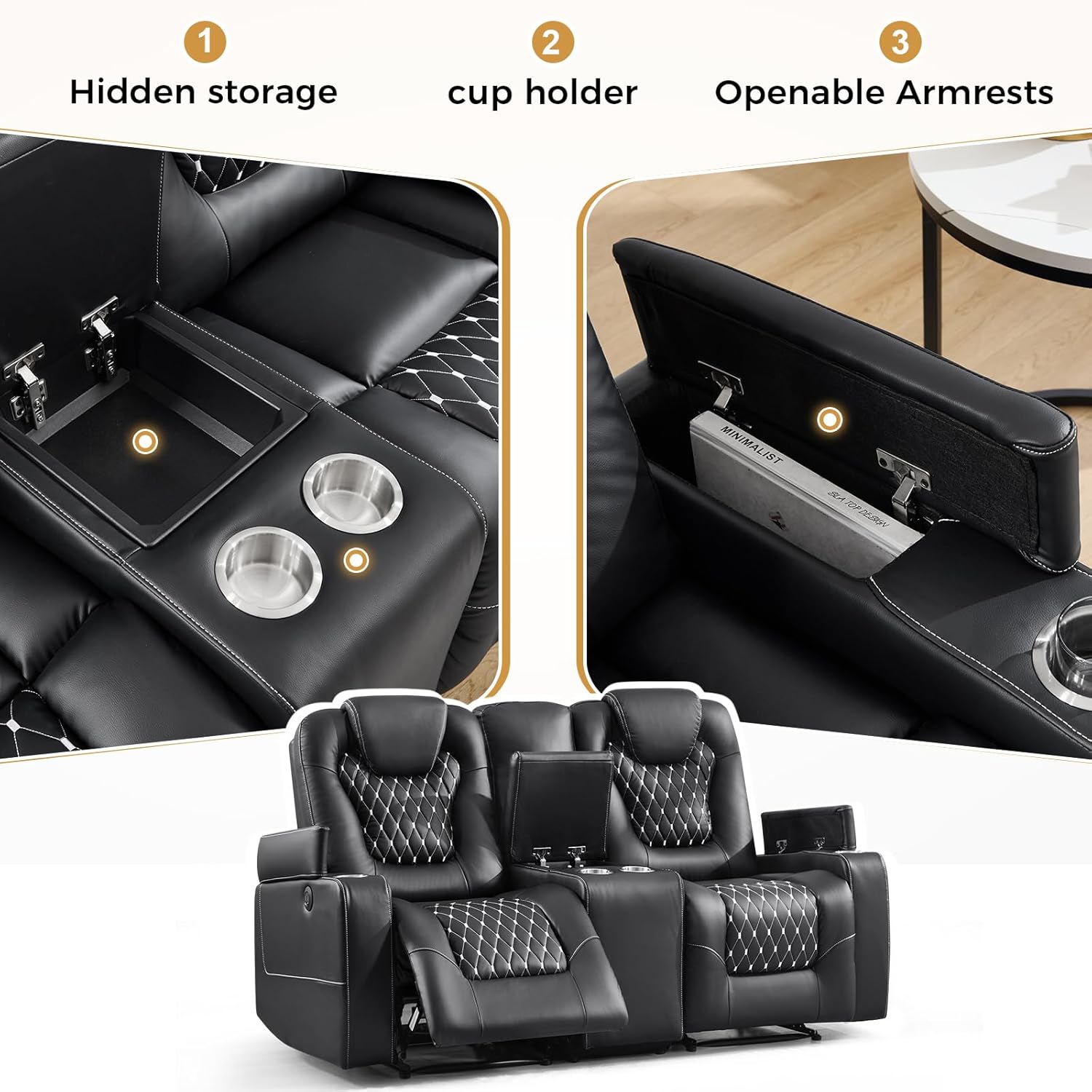 ANJ Reclining Loveseat,Power Recliner Sofa with USB Ports and Cup Holders - Overstuffed Electric Living Room Seating PU Leather Double Recliner with Hidden Arm Storage, Easy to Clean (Black)