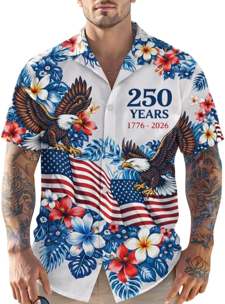 Men's American 250Th Anniversary Art Print Hawaiian Shirt 1776-2026 Patriotic Tee